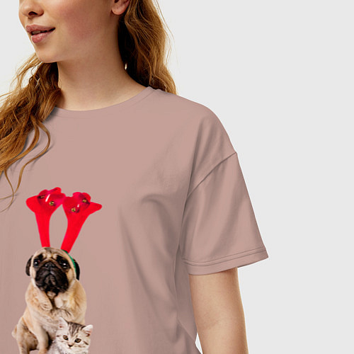 Женская футболка оверсайз Мопс с ушками и котёнок / Пыльно-розовый – фото 3