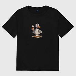 Футболка оверсайз женская Смешной гусь с бокалом вина, цвет: черный
