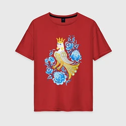 Футболка оверсайз женская Птица Сирин в цветах по мотивам гжельской росписи, цвет: красный