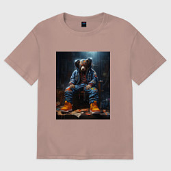 Женская футболка оверсайз Медведь во вселенной киберпанк