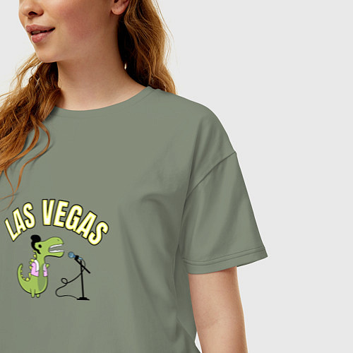 Женская футболка оверсайз Мультяшный динозавр Элвис с вывеской Las Vegas / Авокадо – фото 3
