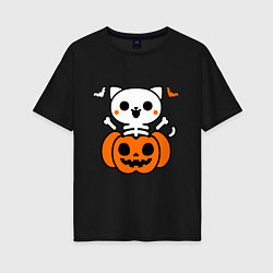 Футболка оверсайз женская Веселый кот-скелет в тыкве - Хэллоуин, цвет: черный
