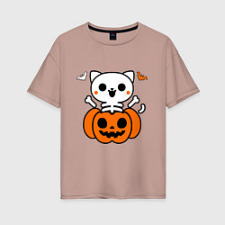 Женская футболка оверсайз Веселый кот-скелет в тыкве - Хэллоуин