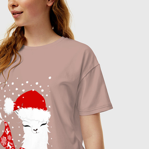 Женская футболка оверсайз Лама в шапочке и шарфе / Пыльно-розовый – фото 3