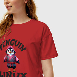 Футболка оверсайз женская Система линукс пингвин в кимоно, цвет: красный — фото 2
