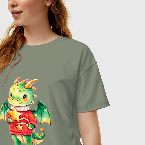 Женская футболка оверсайз Новогодний милый дракончик / Авокадо – фото 3