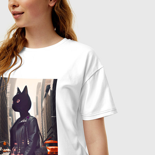 Женская футболка оверсайз Cat fashionista - New York - ai art / Белый – фото 3