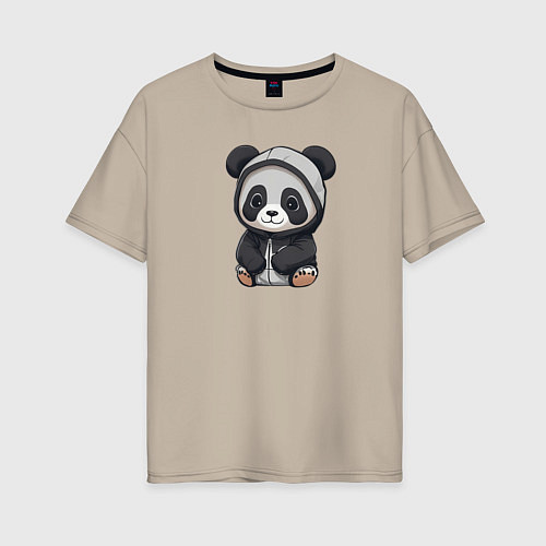 Женская футболка оверсайз Симпатичная панда в капюшоне / Миндальный – фото 1