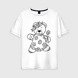 Футболка оверсайз женская Мишка с ромашками - раскраска, цвет: белый