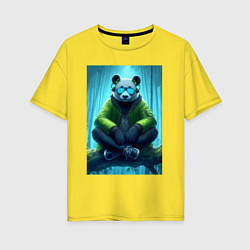 Футболка оверсайз женская Панда слушает музон в лесу - нейросеть, цвет: желтый