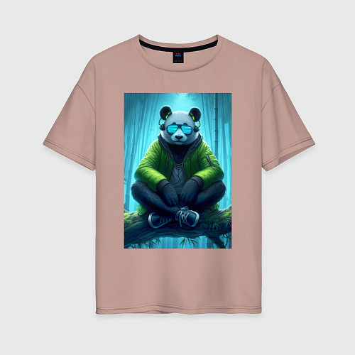 Женская футболка оверсайз Панда слушает музон в лесу - нейросеть / Пыльно-розовый – фото 1