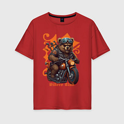 Футболка оверсайз женская Медведь байкер на мотоцикле, цвет: красный