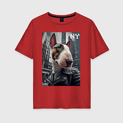 Футболка оверсайз женская Dude bull terrier in New York - ai art, цвет: красный