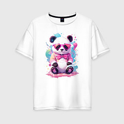 Женская футболка оверсайз Милая панда в розовых очках и бантике