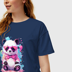 Футболка оверсайз женская Милая панда в розовых очках и бантике, цвет: тёмно-синий — фото 2