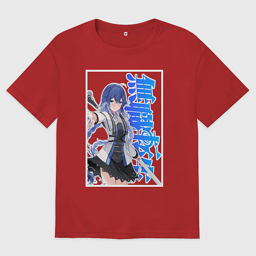 Женская футболка оверсайз Рокси Мигурдия - синие иероглифы / Красный – фото 1