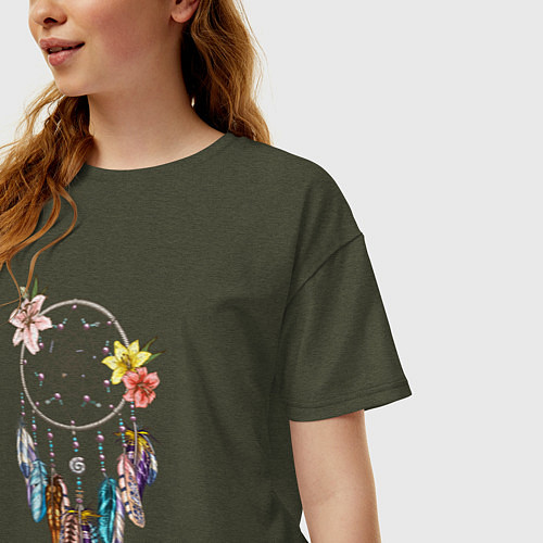 Женская футболка оверсайз Ловец снов с перьями / Меланж-хаки – фото 3
