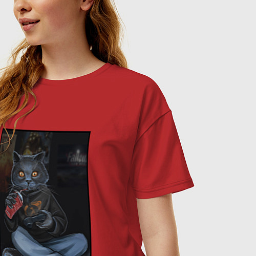 Женская футболка оверсайз Кот - задрот / Красный – фото 3