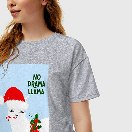 Женская футболка оверсайз Лама Санта Клаус no drama llama / Меланж – фото 3