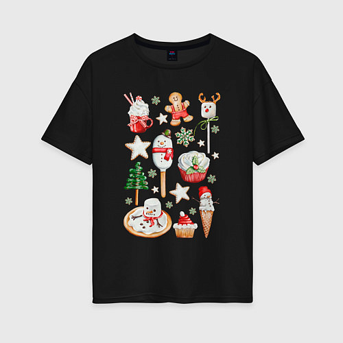 Женская футболка оверсайз Новогодние сладости с глазками / Черный – фото 1