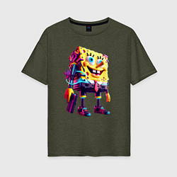 Женская футболка оверсайз Губка Боб с пистолетом - киберпанк - нейросеть