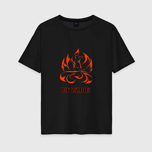 Женская футболка оверсайз Огненная лисица-демон / Черный – фото 1