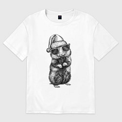 Футболка оверсайз женская Хомяк в новогоднем колпаке и очках, цвет: белый