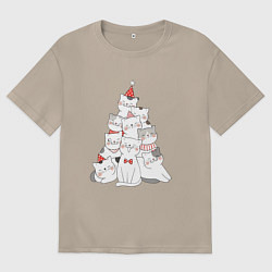 Футболка оверсайз женская Новогодняя ёлка из милых котят, цвет: миндальный