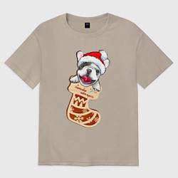 Женская футболка оверсайз Новогодний французский бульдог в колпаке и в носке