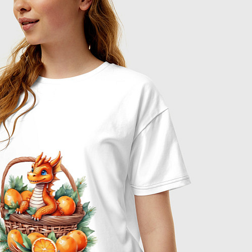Женская футболка оверсайз Оранжевый дракон 2024 как мандарин в корзинке / Белый – фото 3