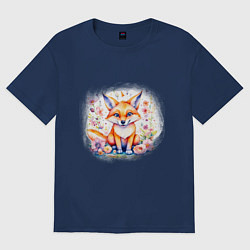 Футболка оверсайз женская Милый большеухий лисенок сидит в цветах, цвет: тёмно-синий