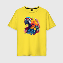 Футболка оверсайз женская Яркий попугай на красных брызгах, цвет: желтый