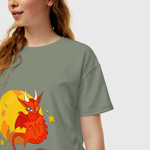 Женская футболка оверсайз Красный дракон на фоне луны / Авокадо – фото 3