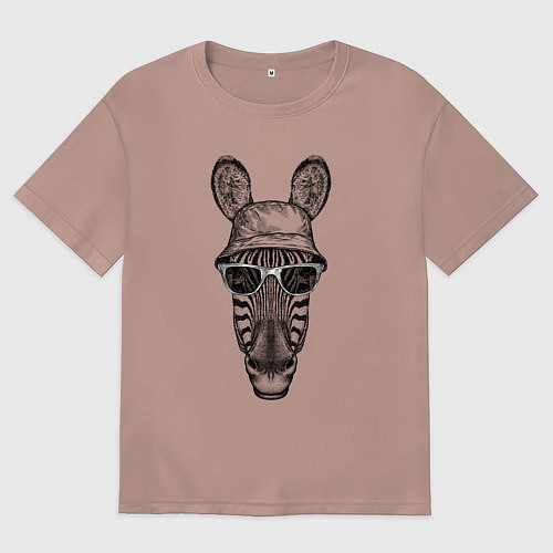 Женская футболка оверсайз Зебра в очках и панаме / Пыльно-розовый – фото 1