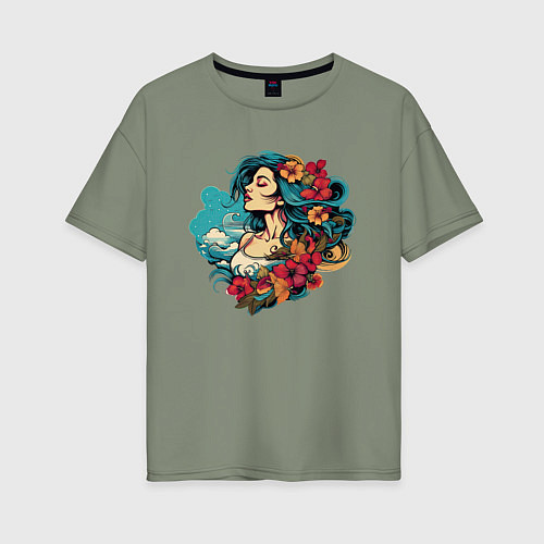 Женская футболка оверсайз Девушка с голубыми волосами и цветами / Авокадо – фото 1