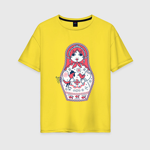 Женская футболка оверсайз Матрешка с красным петухом по мотивам мезенской ро / Желтый – фото 1