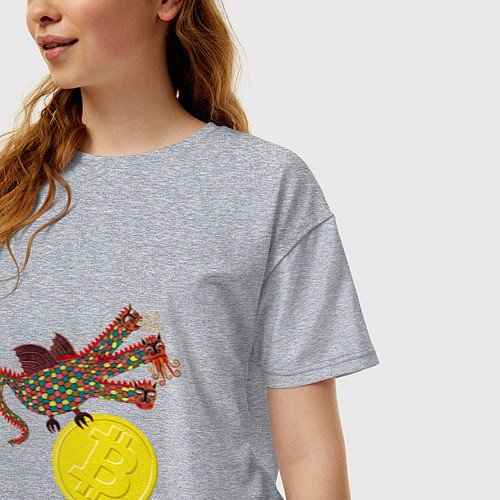 Женская футболка оверсайз Дракон с монетой Биткойна / Меланж – фото 3