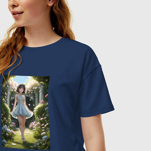 Женская футболка оверсайз Kpop idol девушка в саду / Тёмно-синий – фото 3