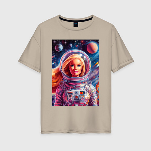Женская футболка оверсайз Красавица Барби в космосе - нейросеть / Миндальный – фото 1