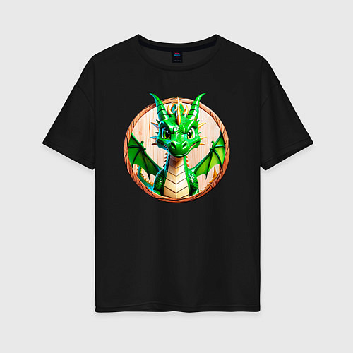Женская футболка оверсайз Нейросеть - деревянный зелёный дракон / Черный – фото 1