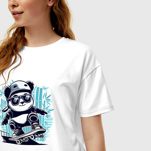 Женская футболка оверсайз Панда - крутой скейтбордист / Белый – фото 3