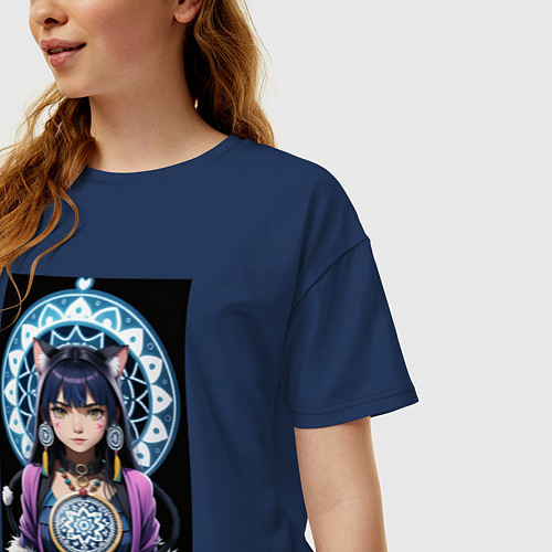 Женская футболка оверсайз Аниме девушка шаманка / Тёмно-синий – фото 3