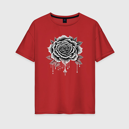 Женская футболка оверсайз Черно белая роза цветы / Красный – фото 1
