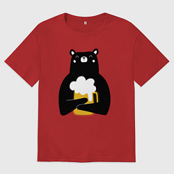 Футболка оверсайз женская Мишка с кружкой пива, цвет: красный