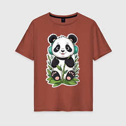 Футболка оверсайз женская Медвежонок панды в наушниках, цвет: кирпичный