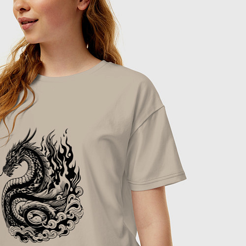 Женская футболка оверсайз Японский дракон - ирезуми / Миндальный – фото 3