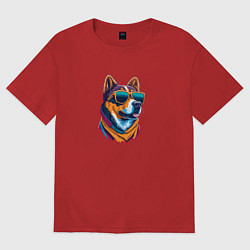 Футболка оверсайз женская Собака в модных очках, цвет: красный