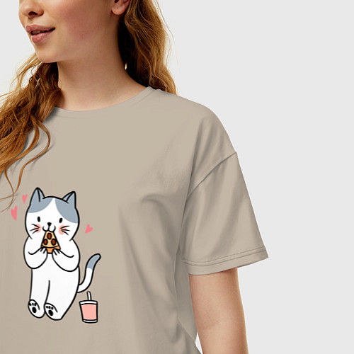 Женская футболка оверсайз Кот с пиццей / Миндальный – фото 3