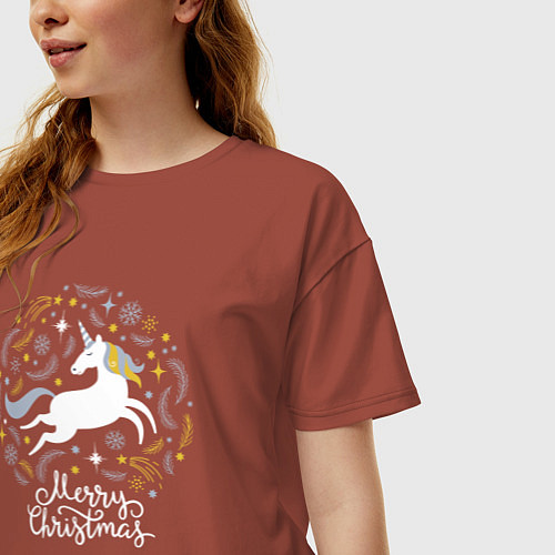 Женская футболка оверсайз Unicorn christmas / Кирпичный – фото 3