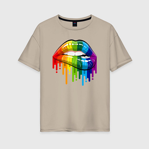 Женская футболка оверсайз Rainbow lips / Миндальный – фото 1